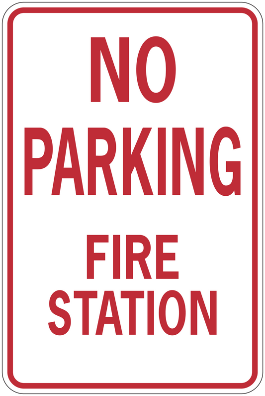 Red-bordered sticker with "NO PARKING FIRE STATION" text