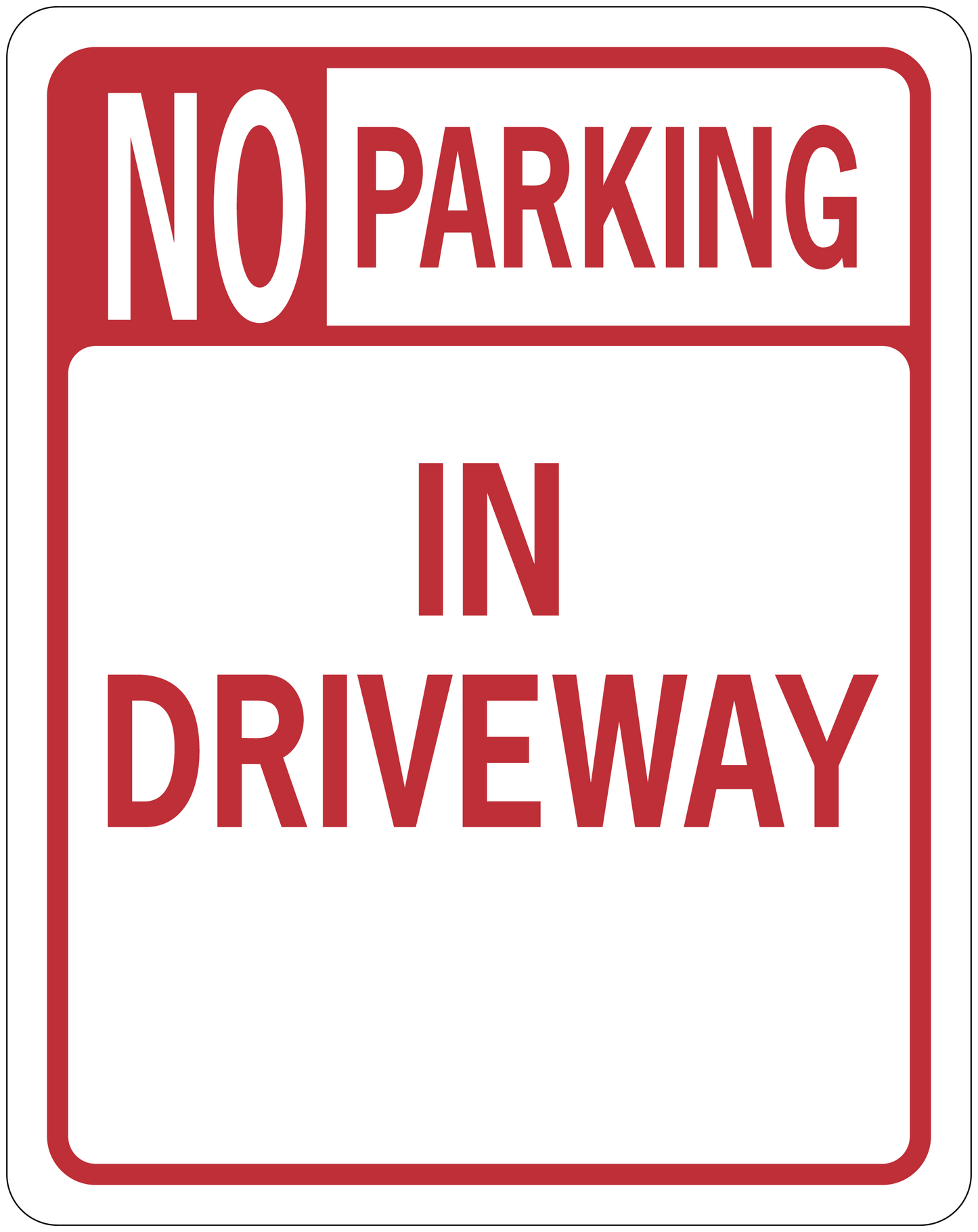 No parking in driveway road sign sticker, red and white text