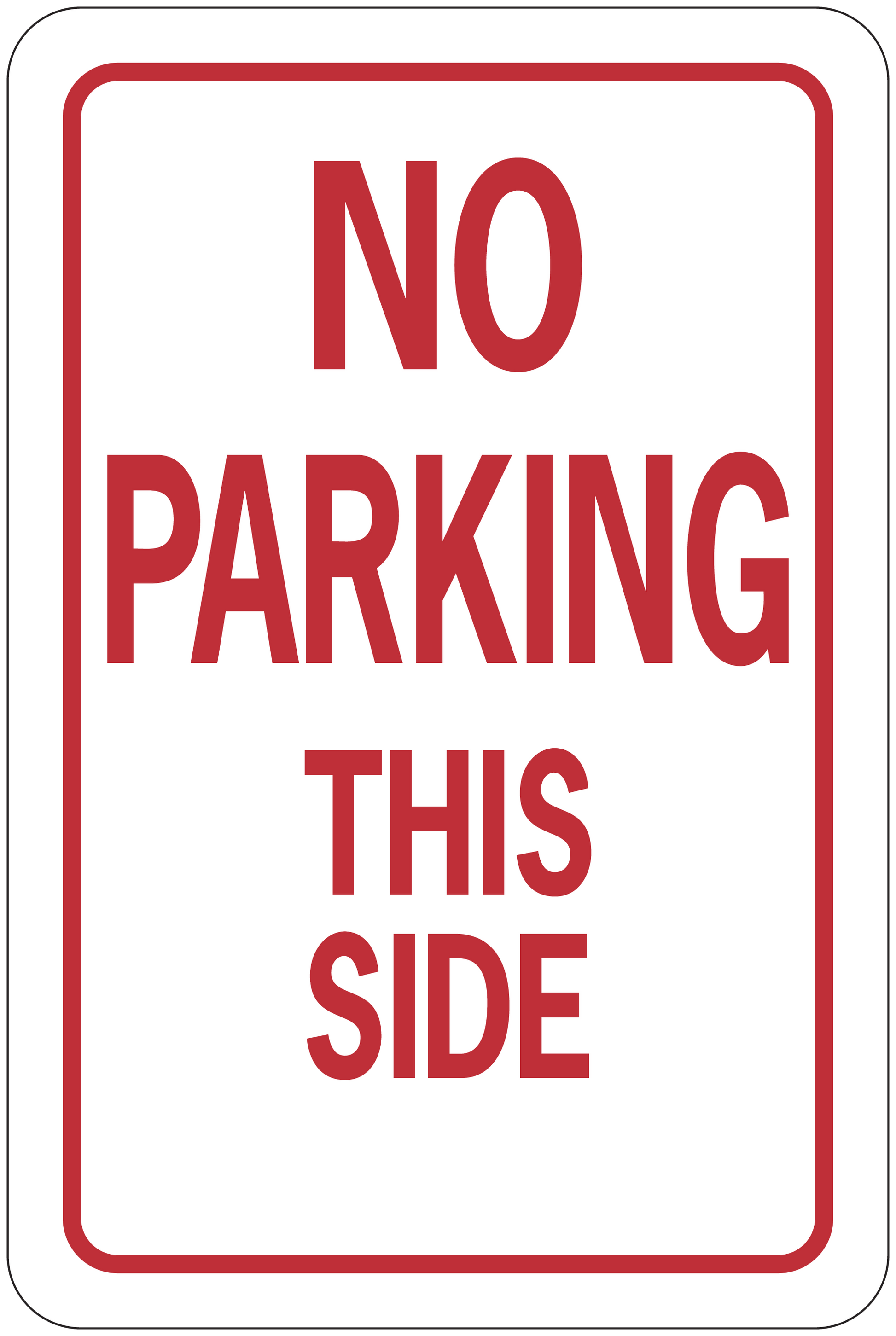 No Parking road sign sticker with red border, text: NO PARKING THIS SIDE