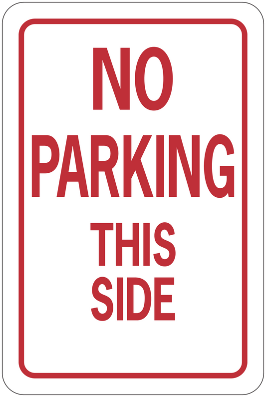 No Parking road sign sticker with red border, text: NO PARKING THIS SIDE