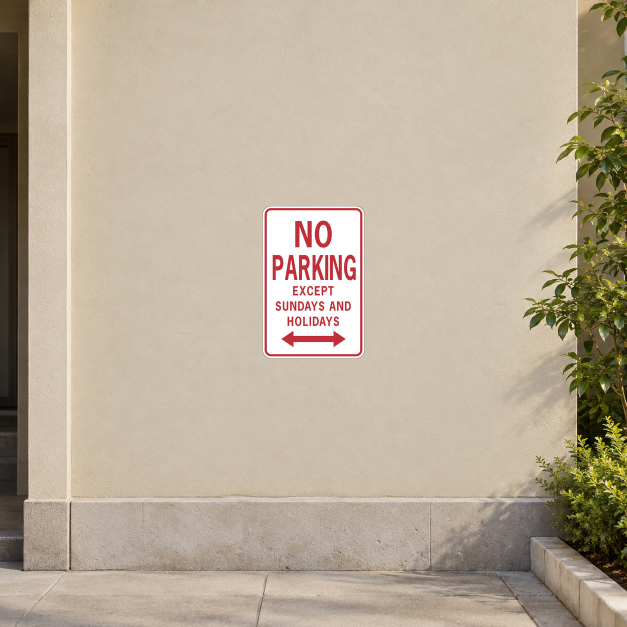 Road sign sticker with red border text 'No Parking Except Sundays and Holidays'