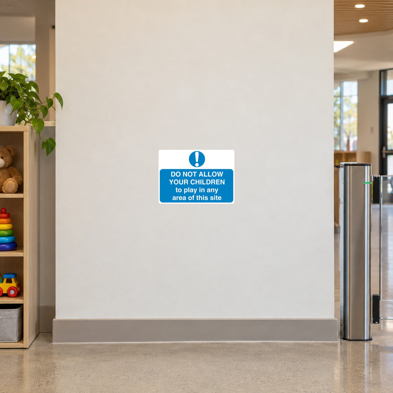 Safety sign sticker: blue warning with exclamation, do not allow children to play text