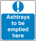 Blue safety sign sticker with exclamation icon and text 'Ashtrays to be emptied here'