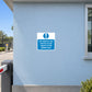 Safety sign sticker with blue exclamation icon and message: report to the gatehouse.