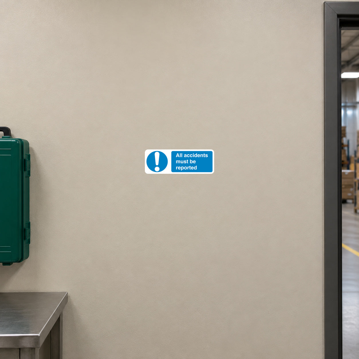 Safety sign sticker: blue exclamation, 'All accidents must be reported'