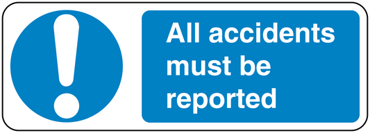 Safety sign sticker: blue exclamation symbol, 'All accidents must be reported'.