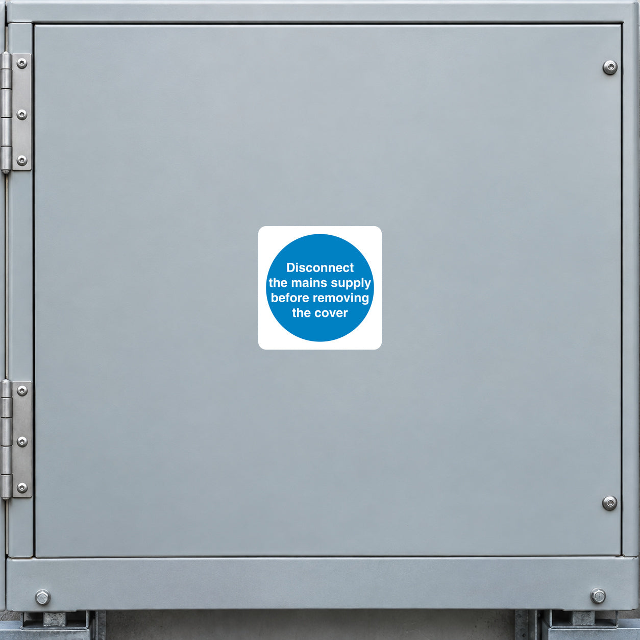 Square white safety sign sticker with blue circle text: Disconnect mains before removing cover
