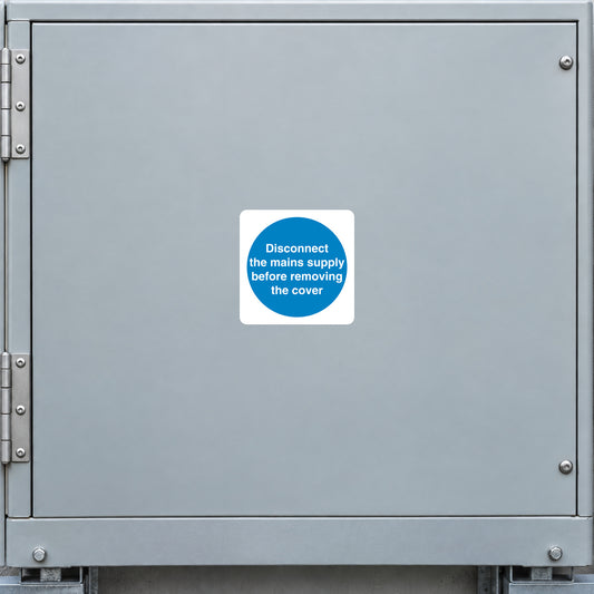Square white safety sign sticker with blue circle text: Disconnect mains before removing cover