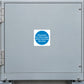 Square white safety sign sticker with blue circle text: Disconnect mains before removing cover