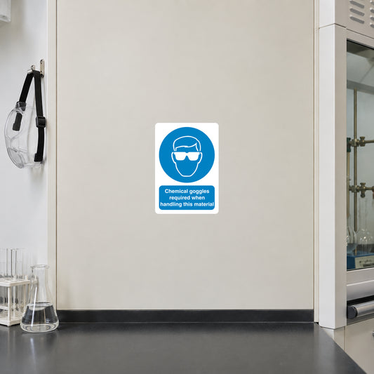 Safety sign sticker with blue chemical goggles icon and handling warning text