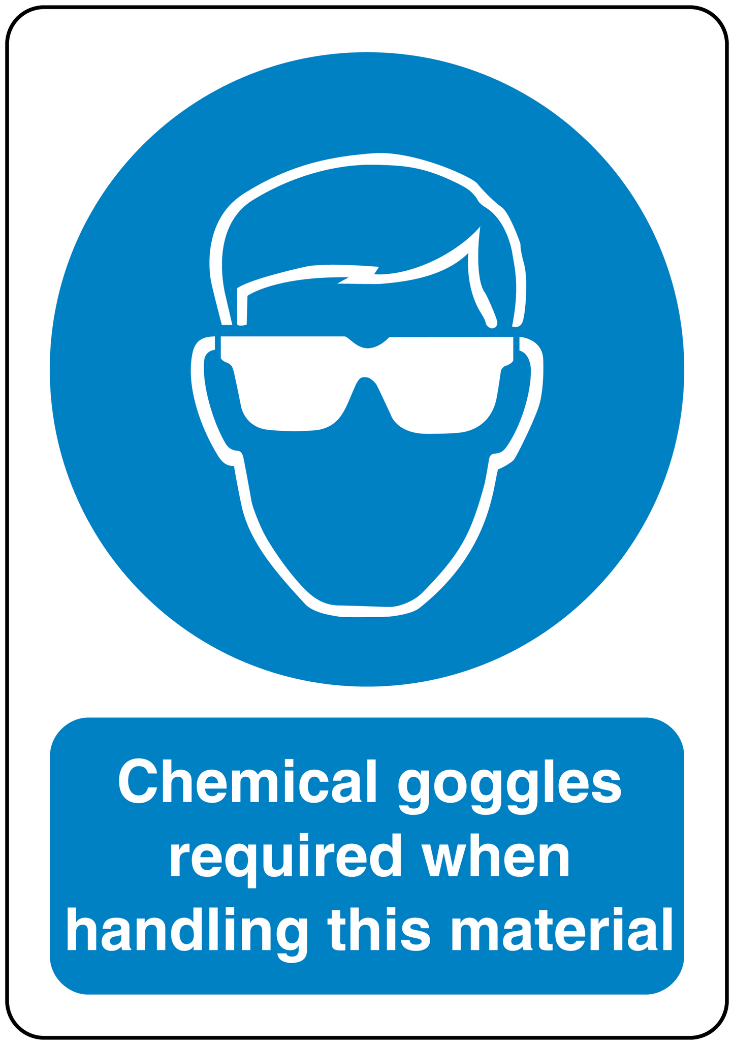 Safety sign sticker with chemical goggles required handling text and goggles icon