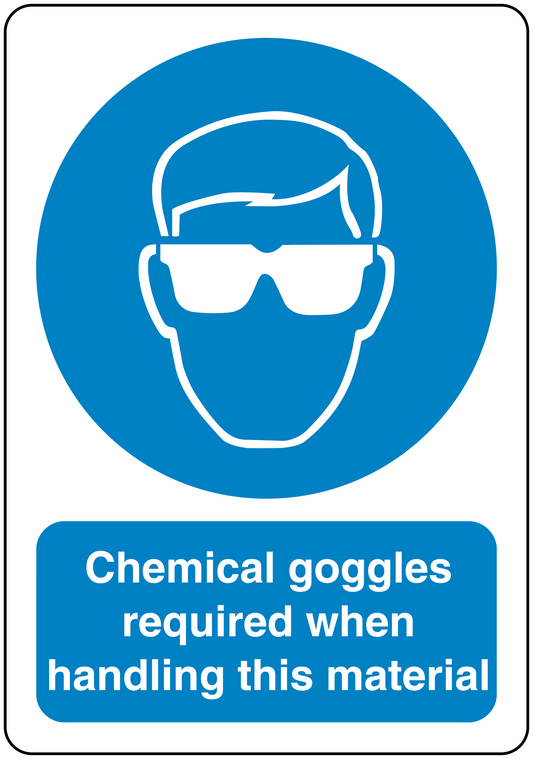 Safety sign sticker with chemical goggles required handling text and goggles icon