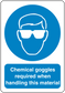 Safety sign sticker with chemical goggles required handling text and goggles icon