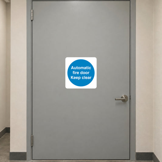 Automatic fire door safety sign sticker with “Keep clear” text on blue circle