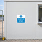 Blue and white warning sticker with exclamation mark and site office text