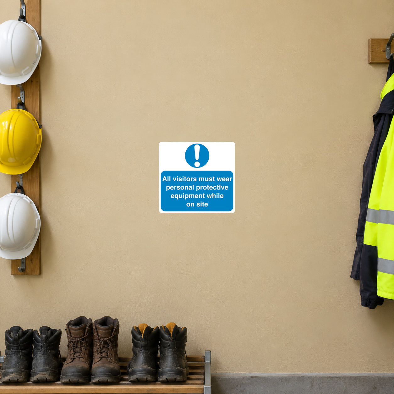 Safety Sign Sticker applied in a smooth pale ochre wall at a workshop PPE issue station, hard hats on hooks entirely at far left and safety boots at bottom below y90, centre clear