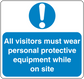 Safety sign sticker: blue exclamation icon and white text 'wear PPE on site'.
