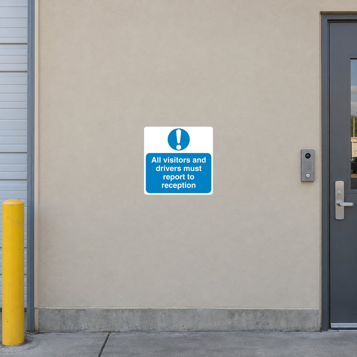 Safety sign sticker with blue warning: All visitors and drivers must report to reception