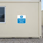 Safety sign sticker: white square with blue exclamation and report-to-site-office text