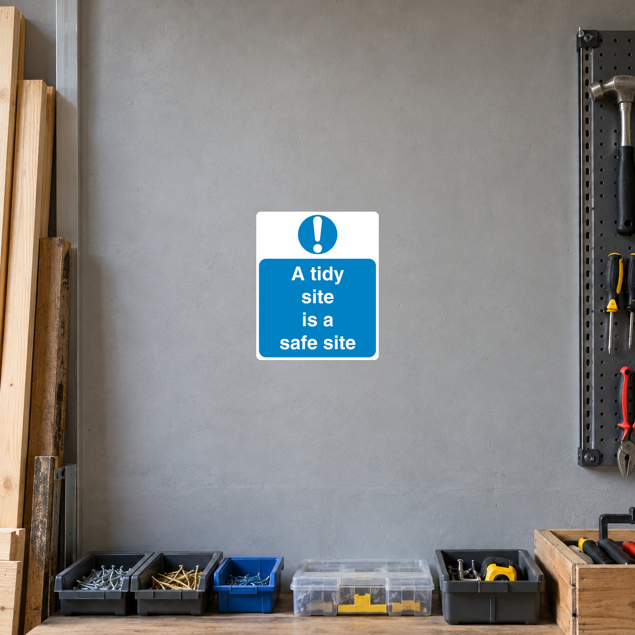 Square blue safety sign sticker: "A tidy site is a safe site"