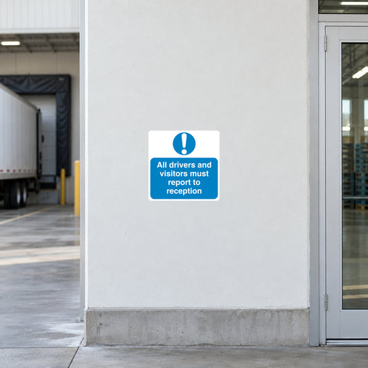 Safety sign sticker with blue exclamation icon and text: report to reception.