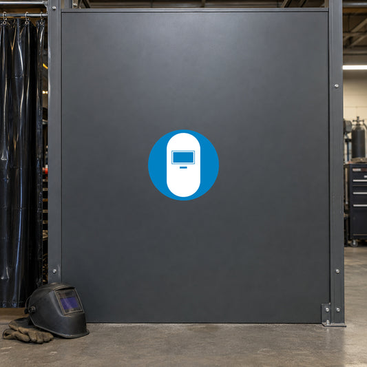 Circular safety sign sticker with blue border and white pictogram on dark background