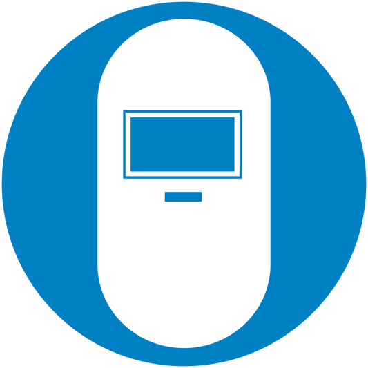 Safety sign sticker with blue circular border and monitor icon