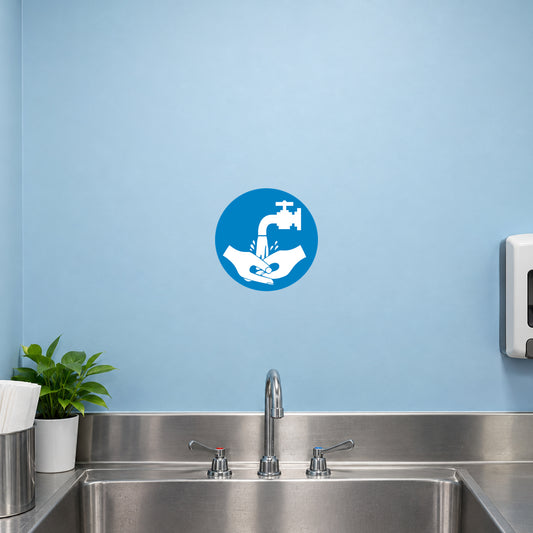 Blue circular safety sign sticker with hand and medical cross icon