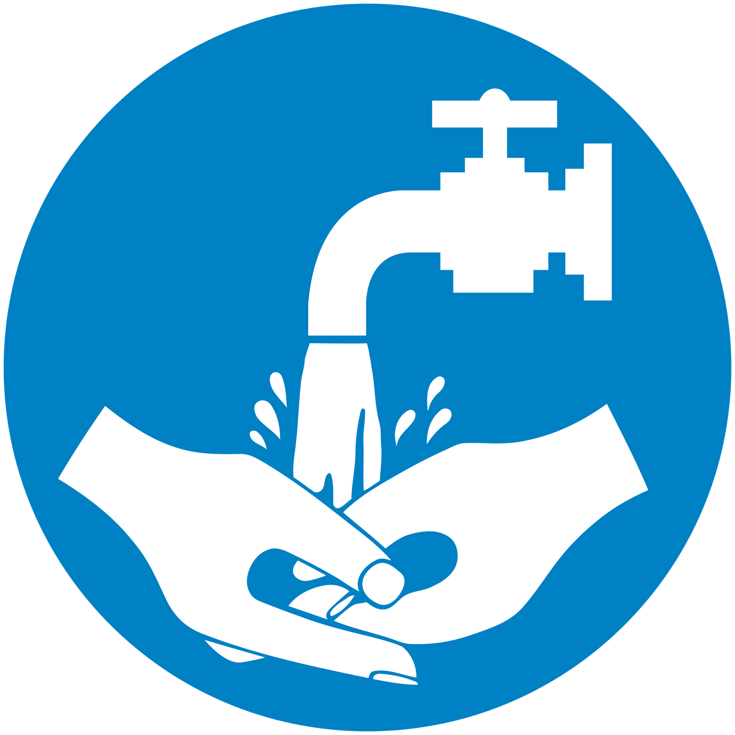 Circular blue safety sign sticker with white hand and hazard warning icon