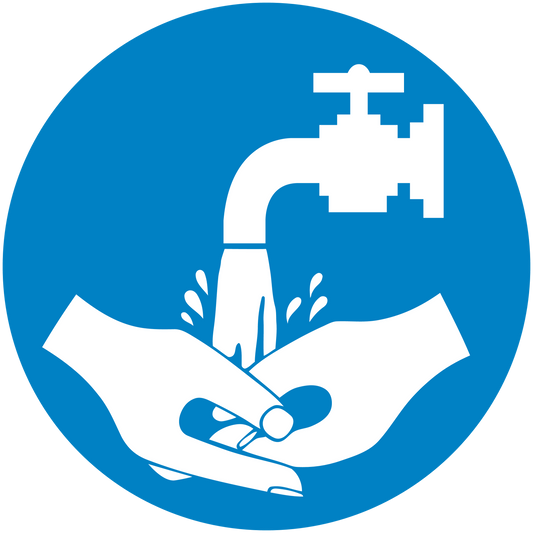Circular blue safety sign sticker with white hand and hazard warning icon