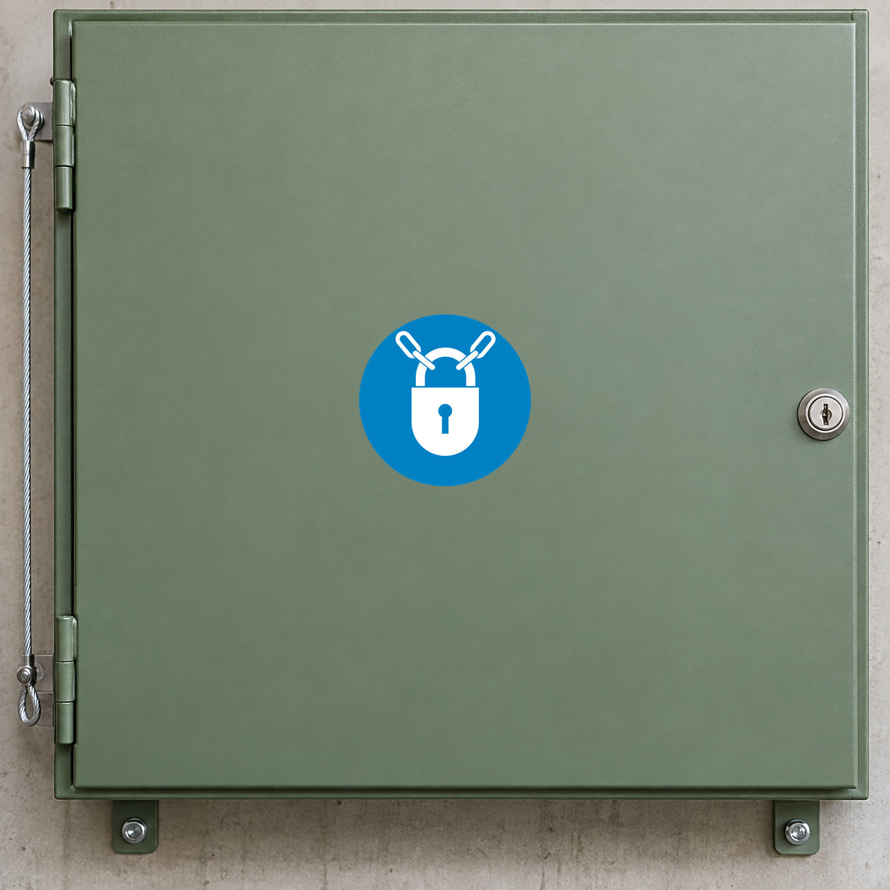 Safety Sign Sticker applied in a smooth sage powder coated access cabinet door for industrial lockout equipment, lock mechanism extreme right and cable loop entirely at far left