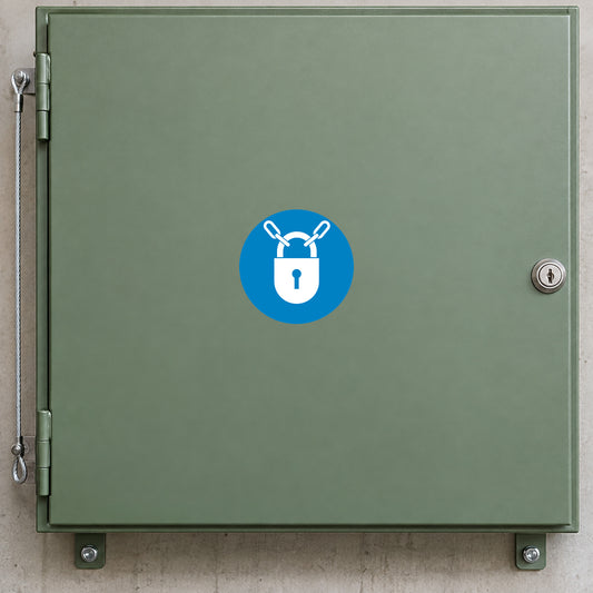 Safety sign sticker with blue circle lock and keys icon