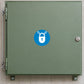 Safety Sign Sticker applied in a smooth sage powder coated access cabinet door for industrial lockout equipment, lock mechanism extreme right and cable loop entirely at far left