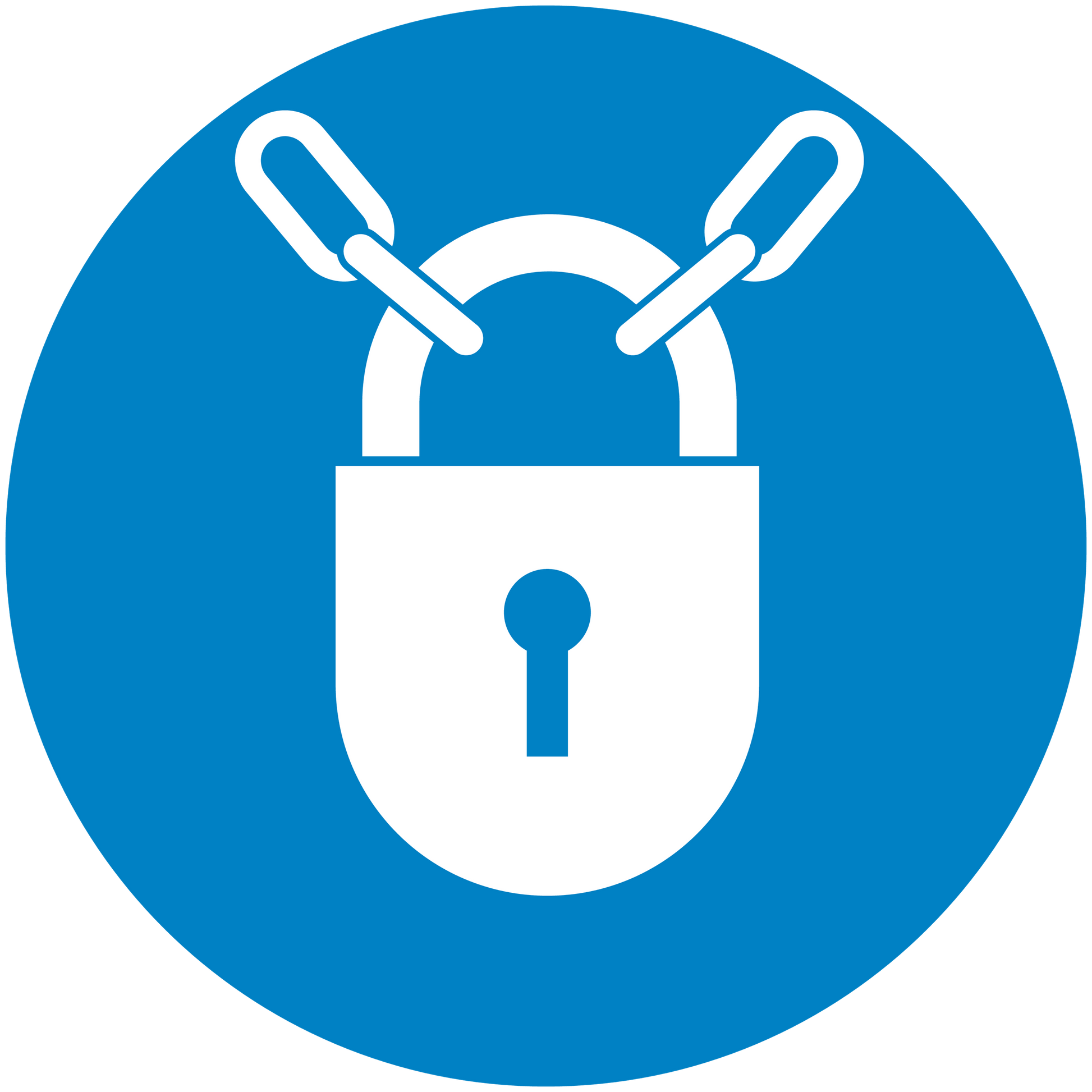 Safety sign sticker: blue circular padlock with crossed keys icon