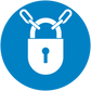 Safety sign sticker: blue circular padlock with crossed keys icon