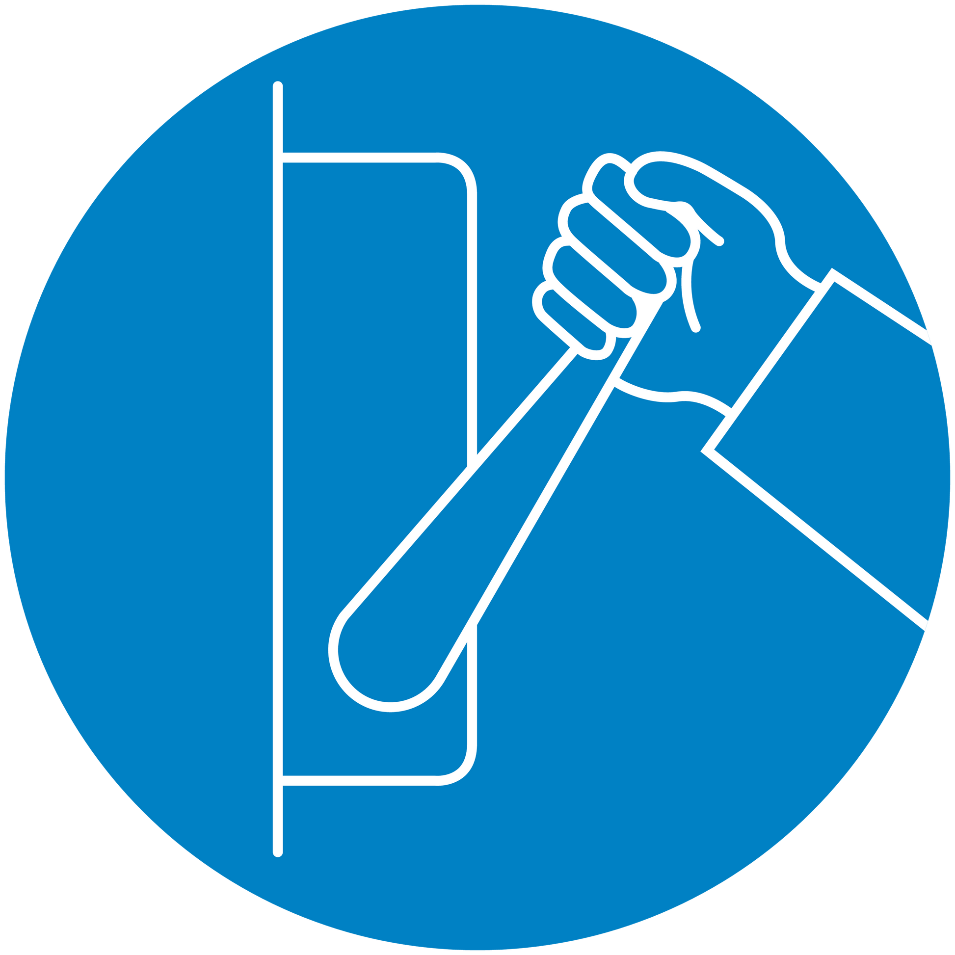 Blue circular safety sign sticker with pictogram of a hand holding a tool