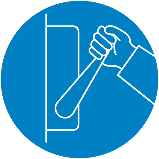 Blue circular safety sign sticker with pictogram of a hand holding a tool