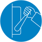 Blue circular safety sign sticker with pictogram of a hand holding a tool