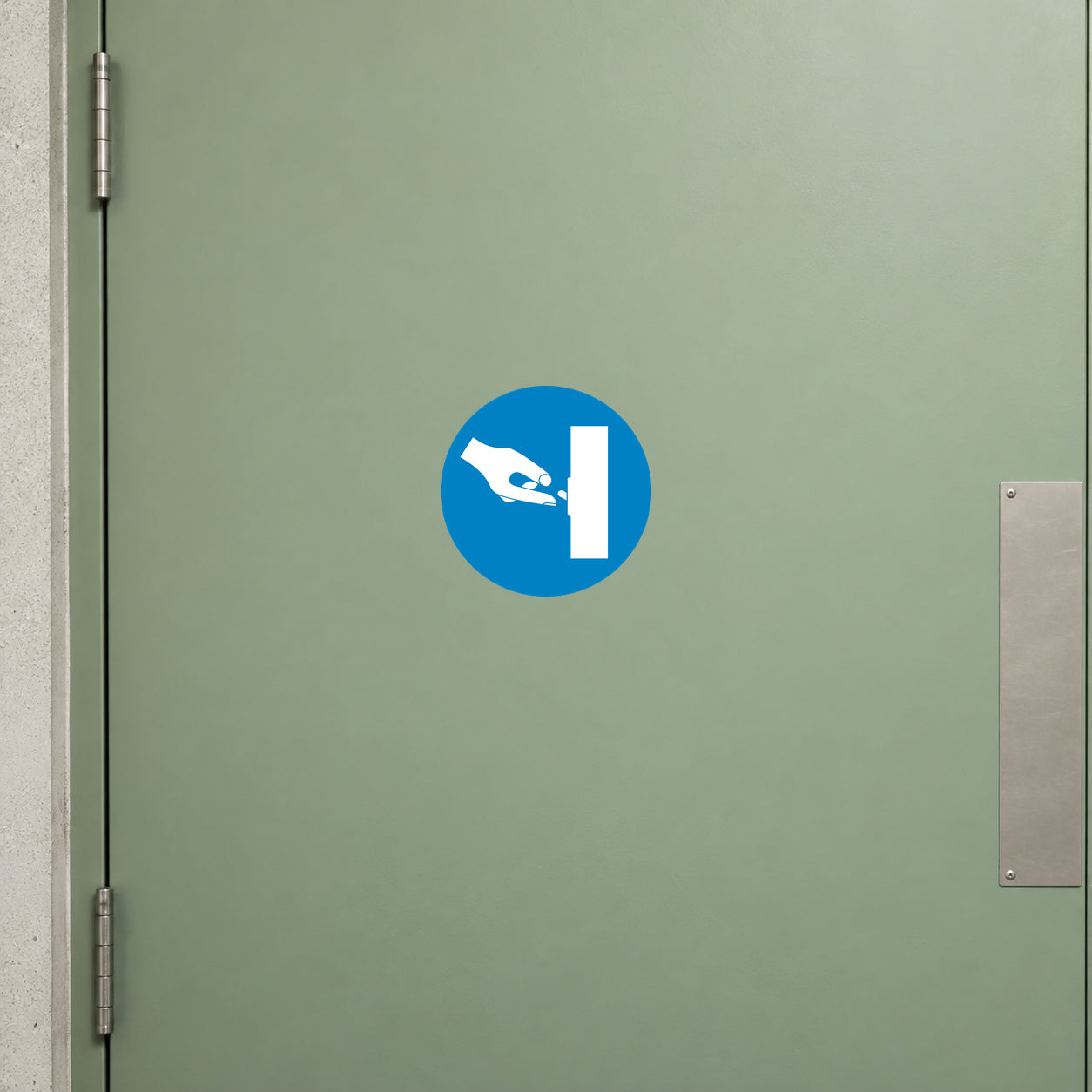 Safety sign sticker with blue circle and white hand pictogram