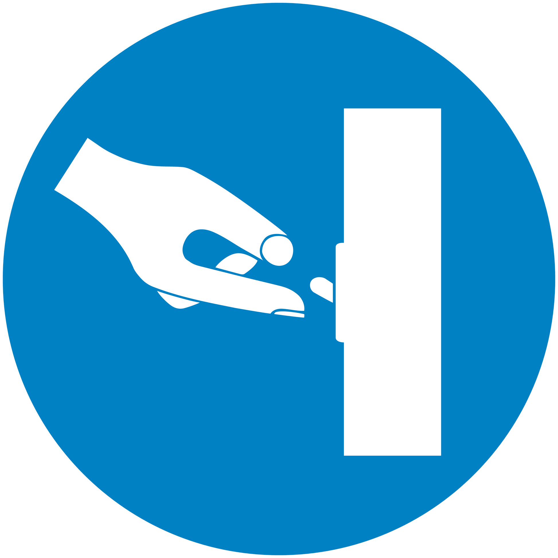 Blue circular safety sign sticker depicting hand reaching to door
