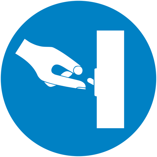 Blue circular safety sign sticker depicting hand reaching to door