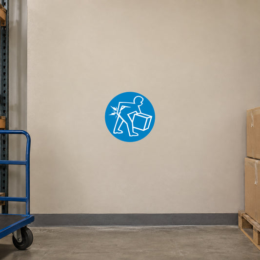 Safety sign sticker with blue circle and worker carrying box icon