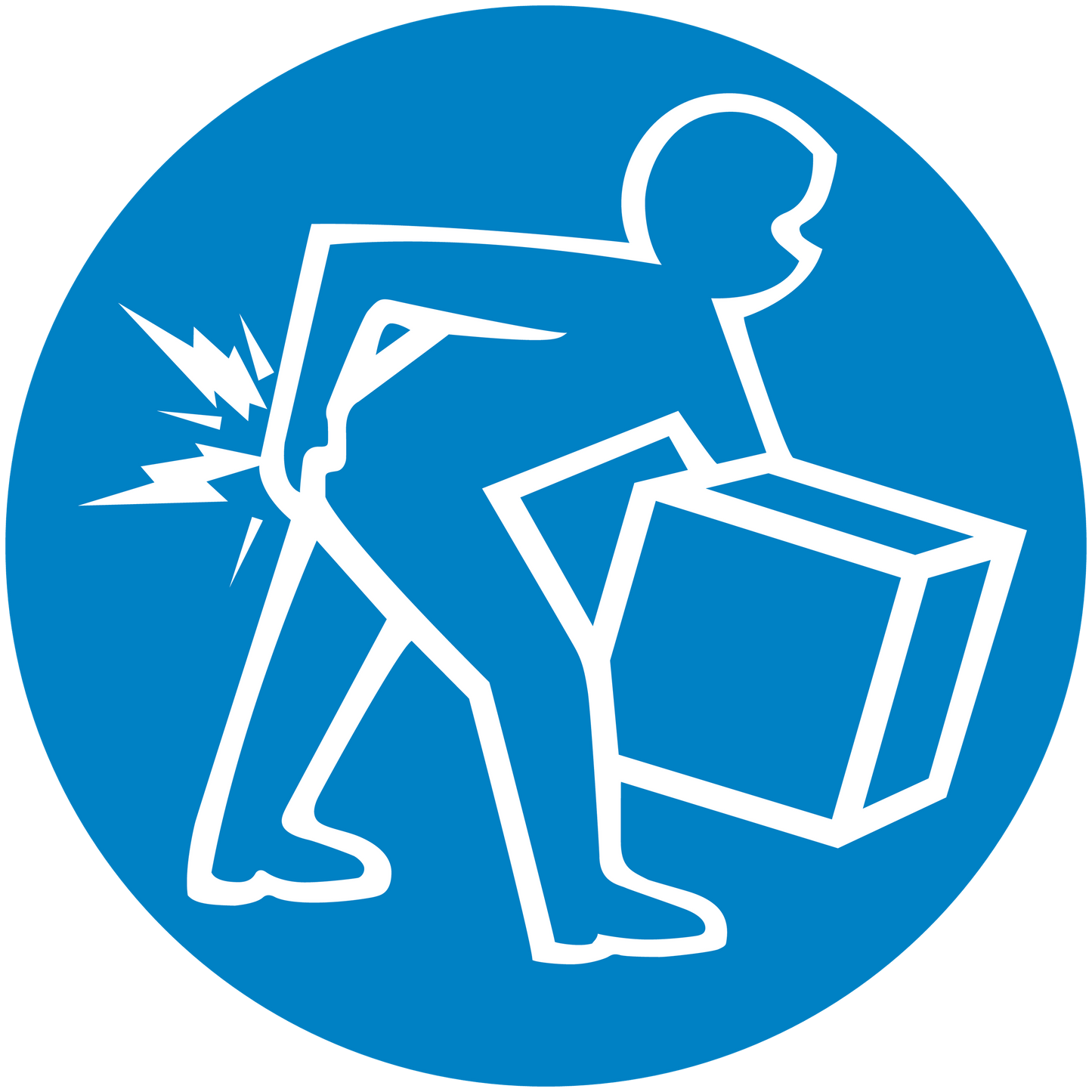 Safety sign sticker: blue circle with white figure carrying box and lightning bolt symbol