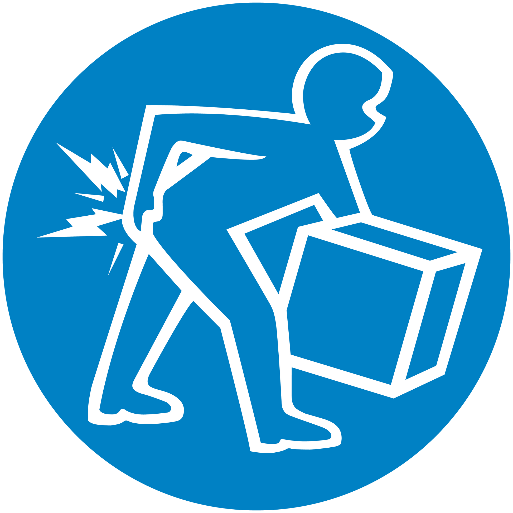 Safety sign sticker: blue circle with white figure carrying box and lightning bolt symbol
