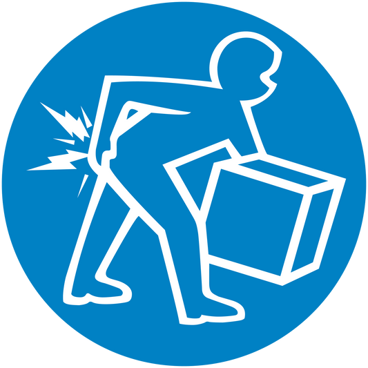 Safety sign sticker: blue circle with white figure carrying box and lightning bolt symbol