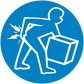 Safety sign sticker: blue circle with white figure carrying box and lightning bolt symbol