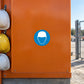 Safety sign sticker with blue face mask/helmet icon on orange surface