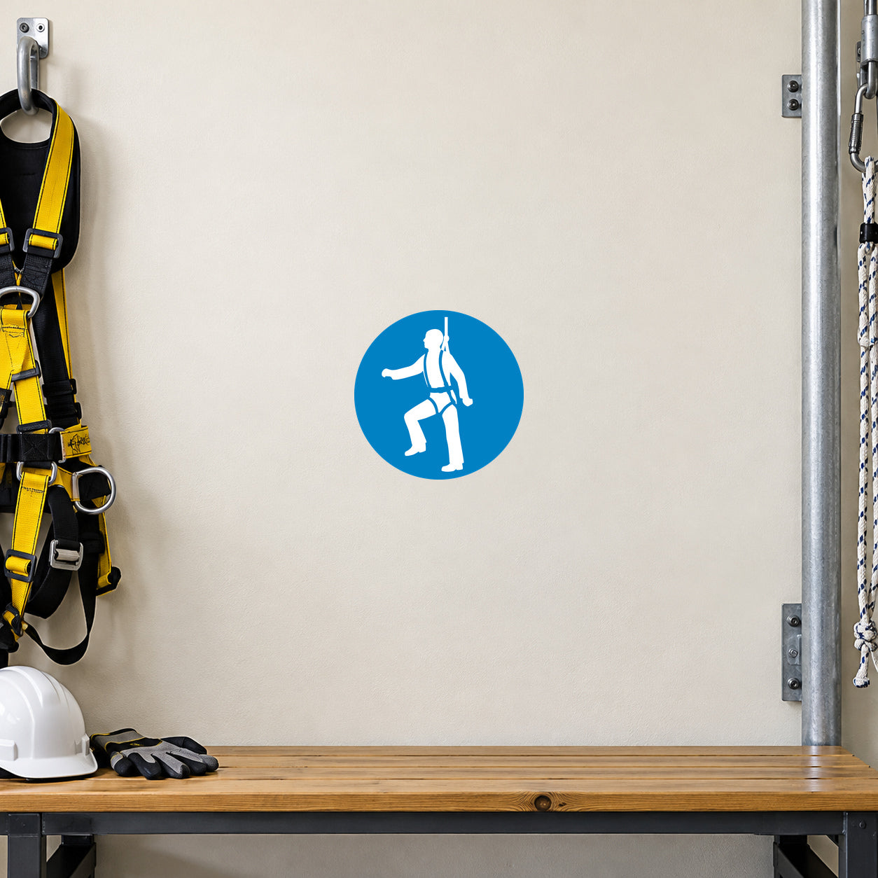Safety sign sticker: blue circle with white worker safety icon