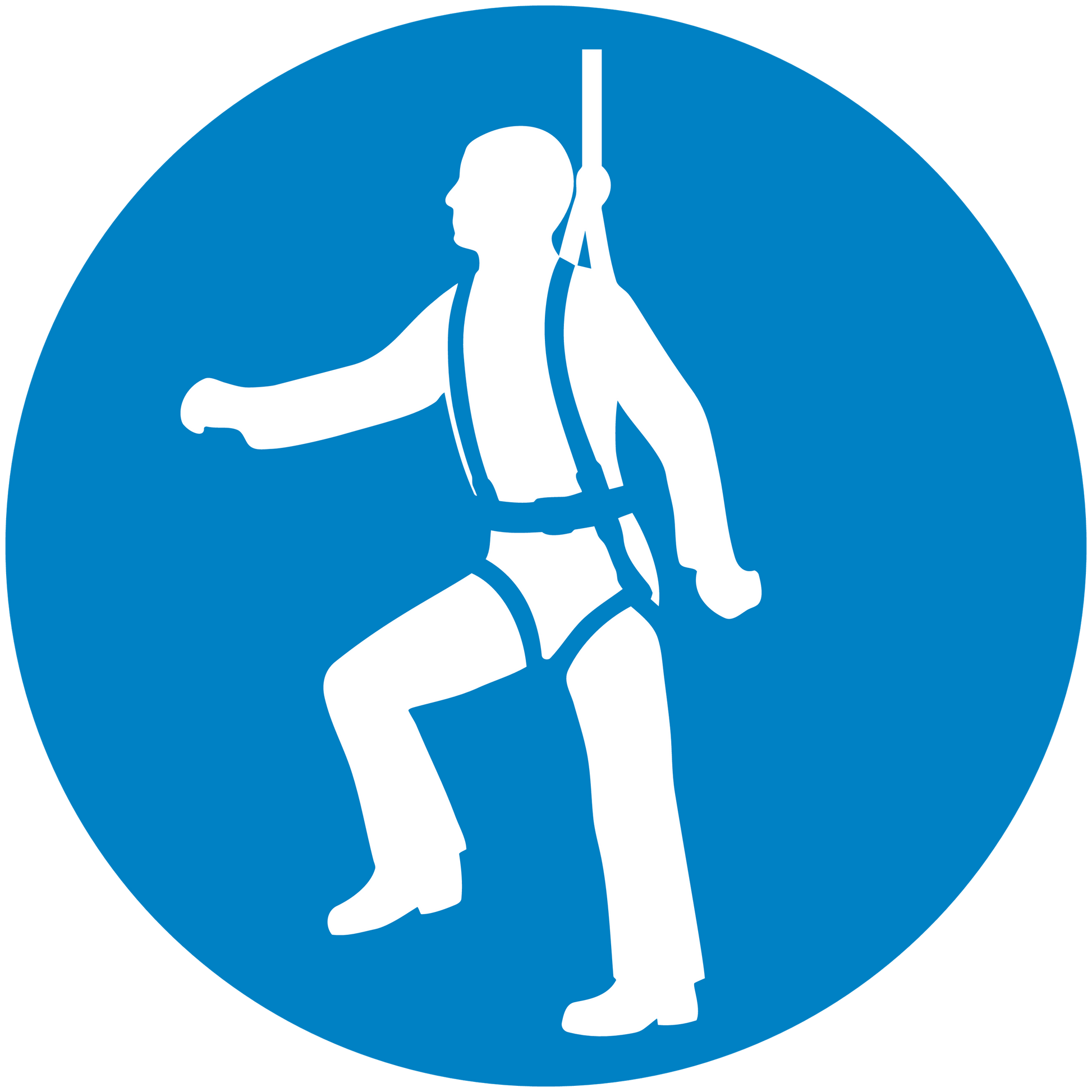 Blue circular safety sign sticker with white worker pictogram holding a long rod