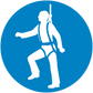 Blue circular safety sign sticker with white worker pictogram holding a long rod